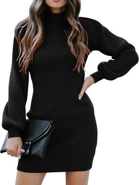 Caracilia Black Ribbed Mini Sweater Dress with Balloon Sleeves, Small